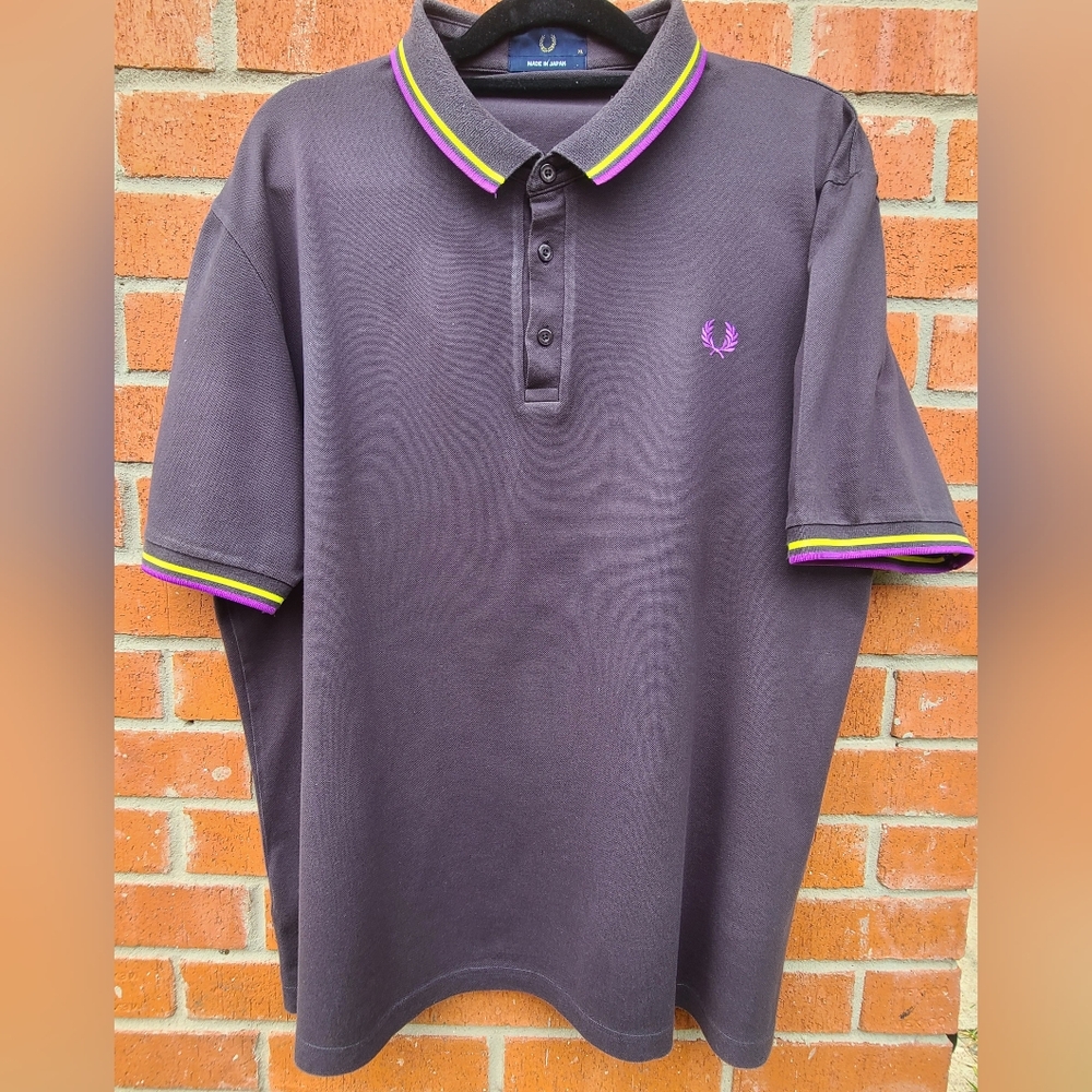 Made In Japan Fred Perry Shirt Mens XL. Grey with Purple & Neon Yellow Piping